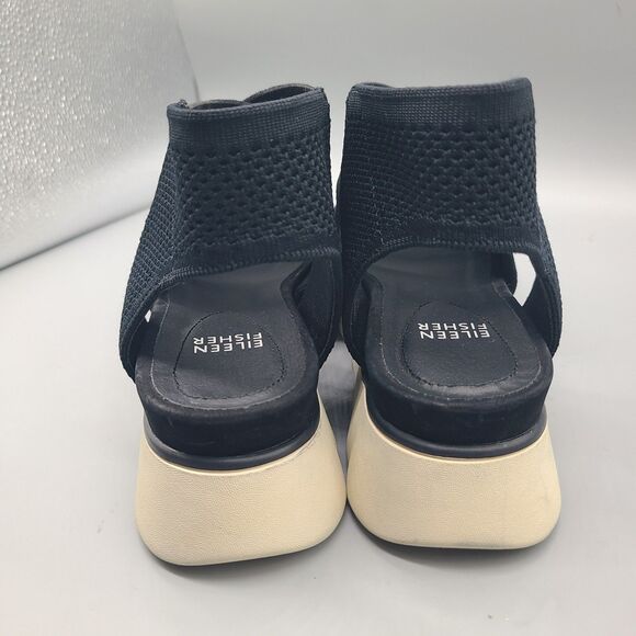 Eileen Fisher Chant  Black Leather/ Mesh Platform Wedge Sandal Sz 7.5 floor pair - Picture 6 of 10